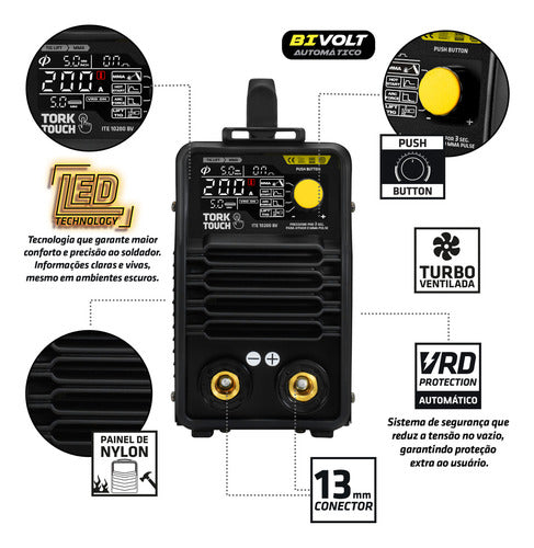 máquina de solda inversora super tork industrial touch 200bv preto 127/220v